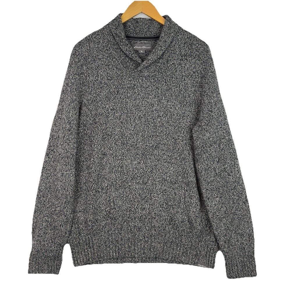 Eddie Bauer Mens‎ Sweater Gray Wool Blend Shawl Collar Pullover Textured Cozy